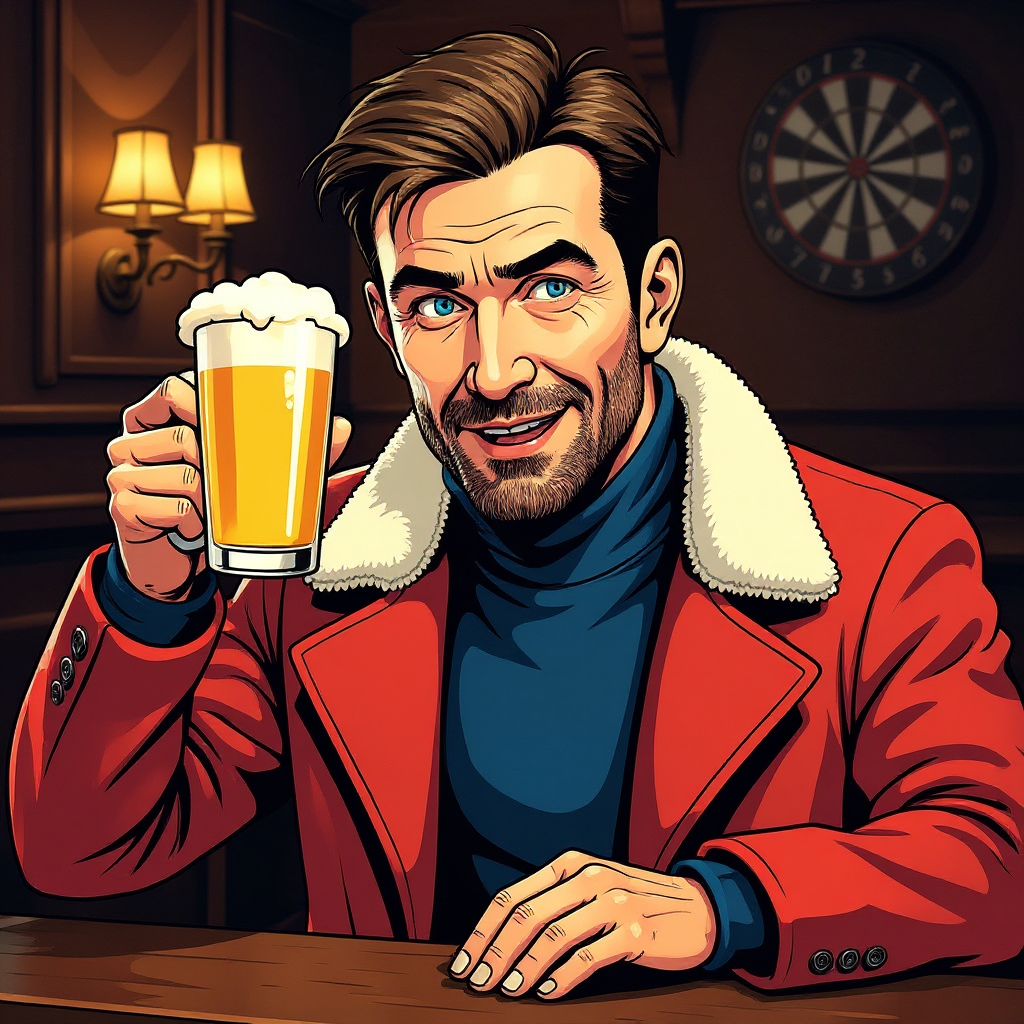 The Gaffer raising a pint at The Gaffer's Arms, the home of pub league